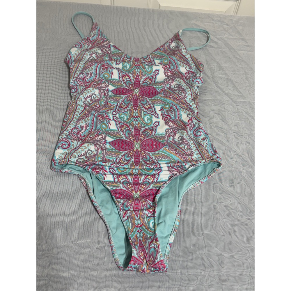 B. Swim Womens Paisley Floral One Piece Swimsuit Lace Up Sides Blue Pink Large